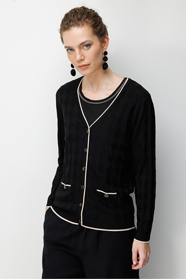 Women's V-Neck Small Diamond Patterned Fine Knit Cardigan 26360 Black