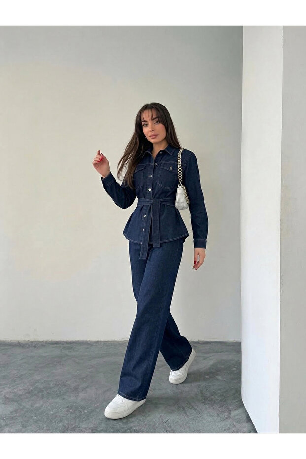 Belted navy denim two-piece set with jacket and pants