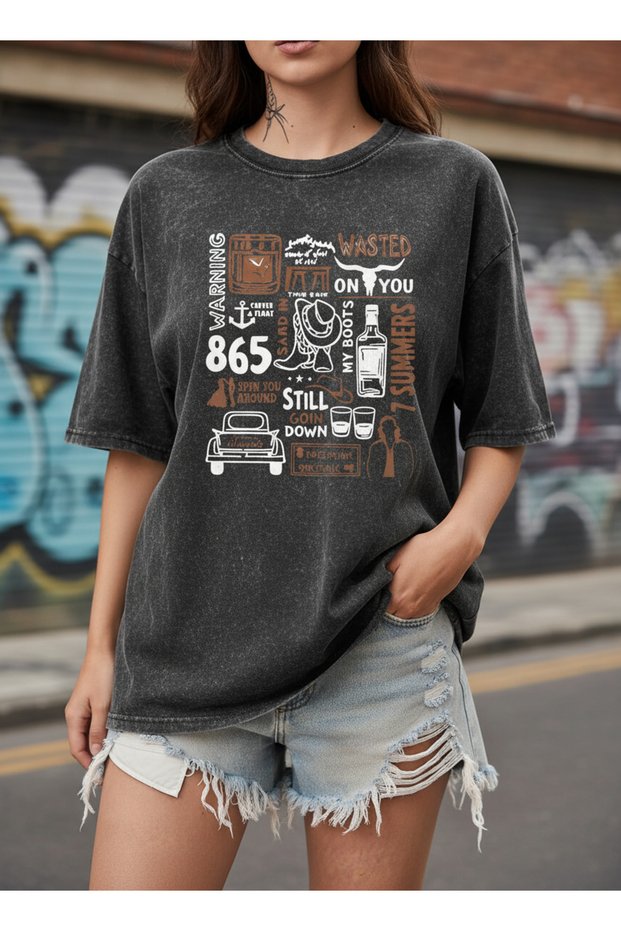 Women's Black Oversized T-Shirt Western Lettering and Cowboy Themed Printed 100% Cotton Streetwear