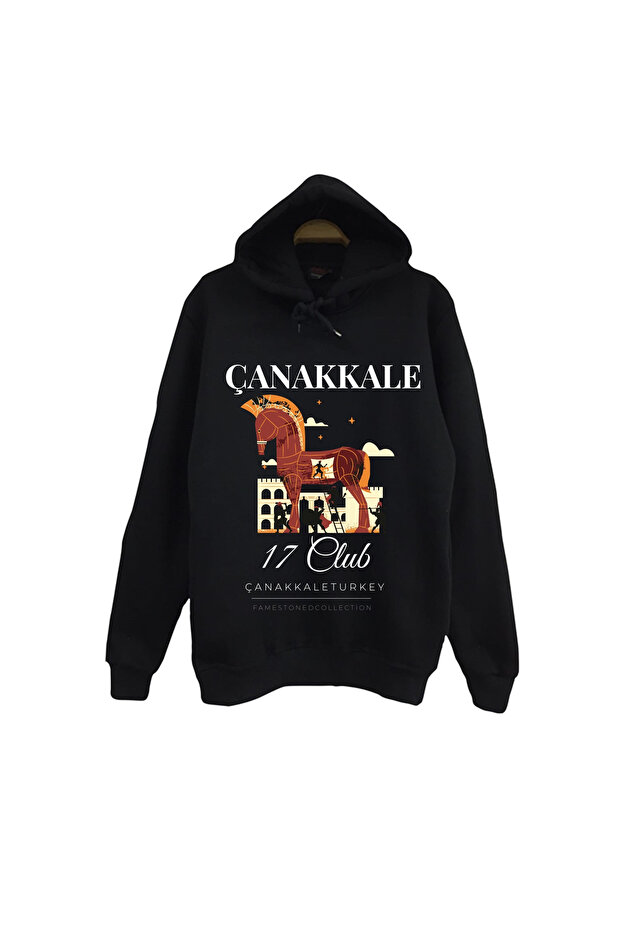 Çanakkale - 17 - Troya - Şehitlik - Şehir Printed Unisex %100 Cotton Black Hooded Sweatshirt