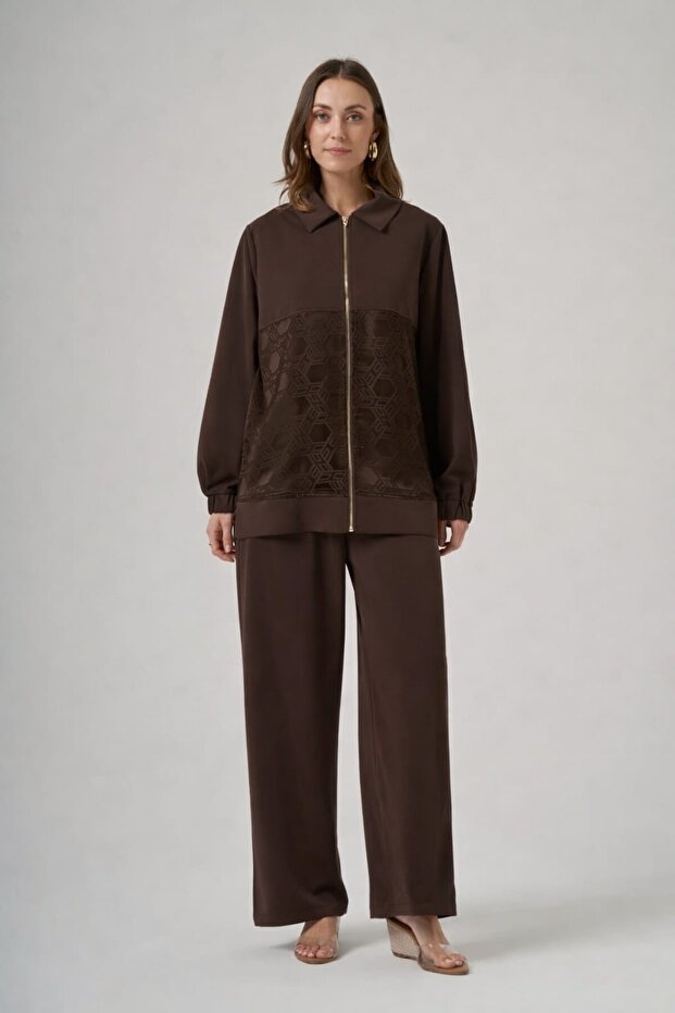 1048 Patterned Piped Detail Hooded Pants Set