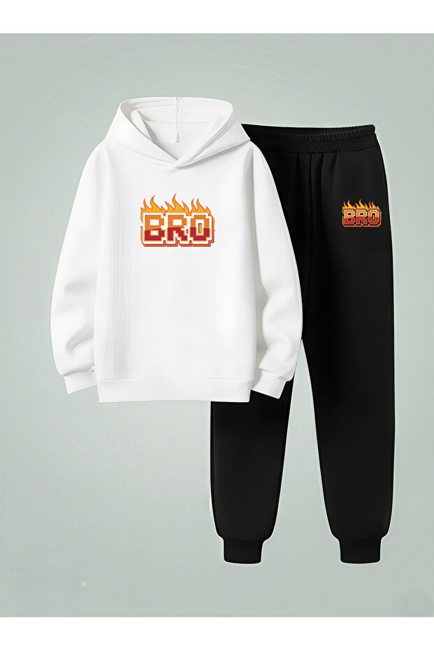 Boy's Hooded Set Bro Printed 3 Thread Sweatshirt - Sweatpants Set