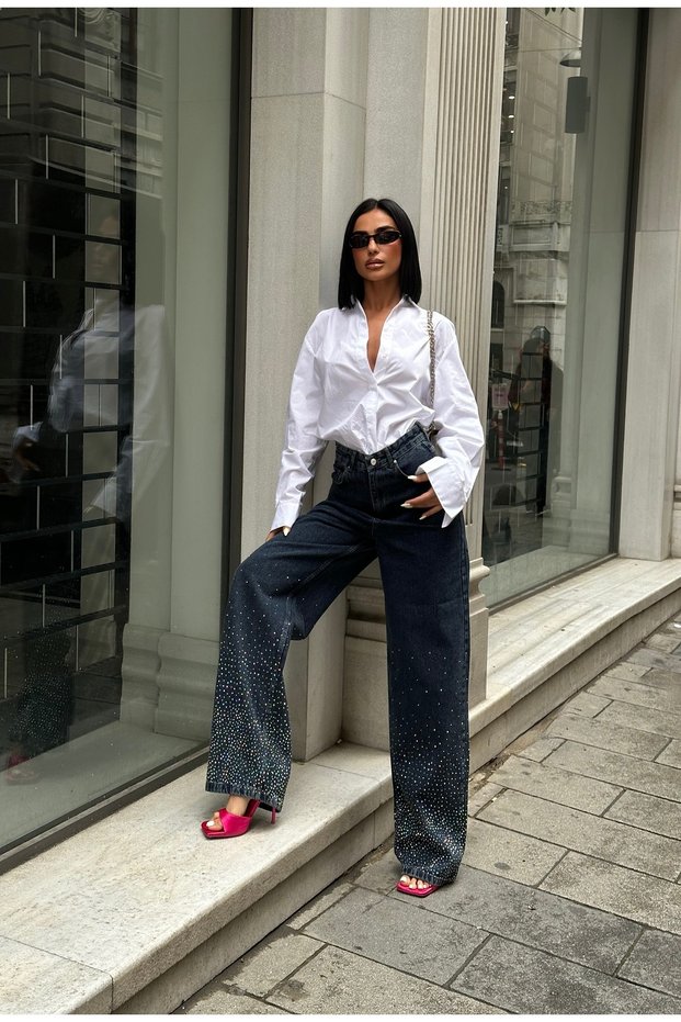 Women's High Waist Wide Leg Jeans with Stones on the Legs