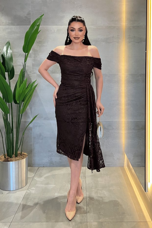 Lace Fabric Boat Neck Dress - Brown