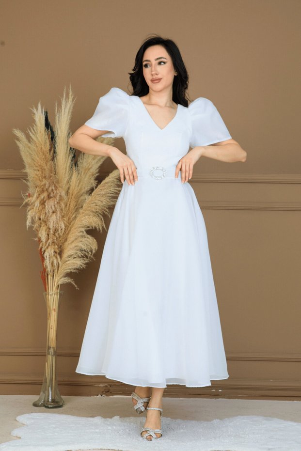 Organza Chiffon Short Sleeve Midi Length Dress - White
