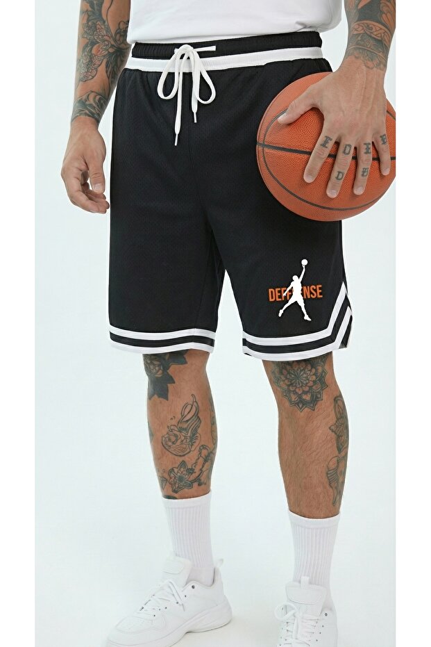 Minimal Printed Men's Black Basketball Shorts - Retro Style Non-Grid Comfortable Fit Sports Shorts
