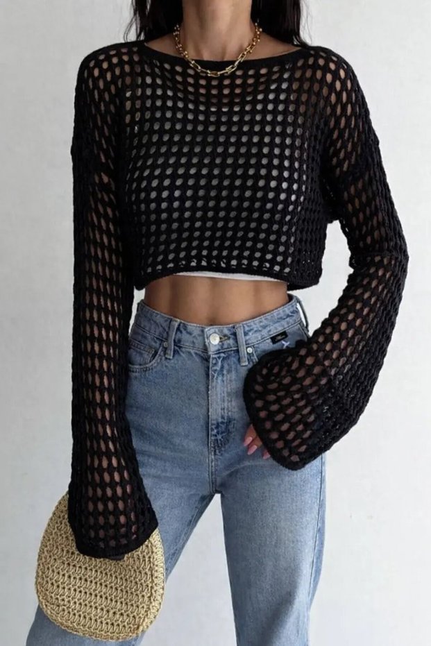 Bohemian Black Lace Cropped Blouse – Long Sleeve Loose Fit