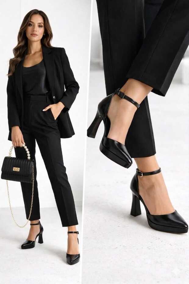 Black Women's Platform Heeled Evening Dress Shoes and Bag Combinations