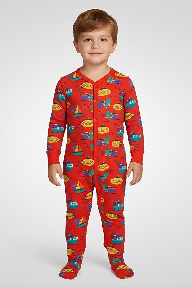 Toddlers Boy Allover Print Long Sleeve Romper, Multicolor