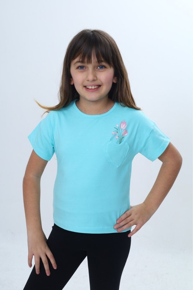 Girl Heart Pocketed Flower Printed T-Shirt