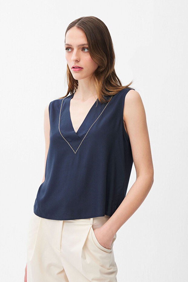 Taş Detaylı Kolsuz Örme Bluz - 4