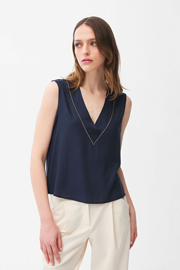 Taş Detaylı Kolsuz Örme Bluz - 1