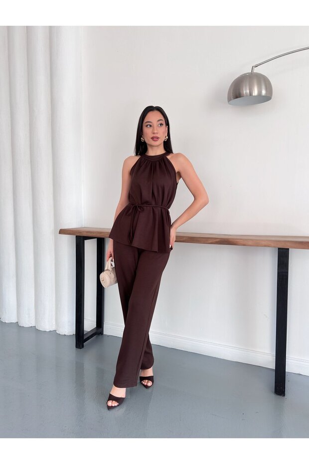 Halter Neck Stylish Wear-And-Go Double Suit with Belted Trousers