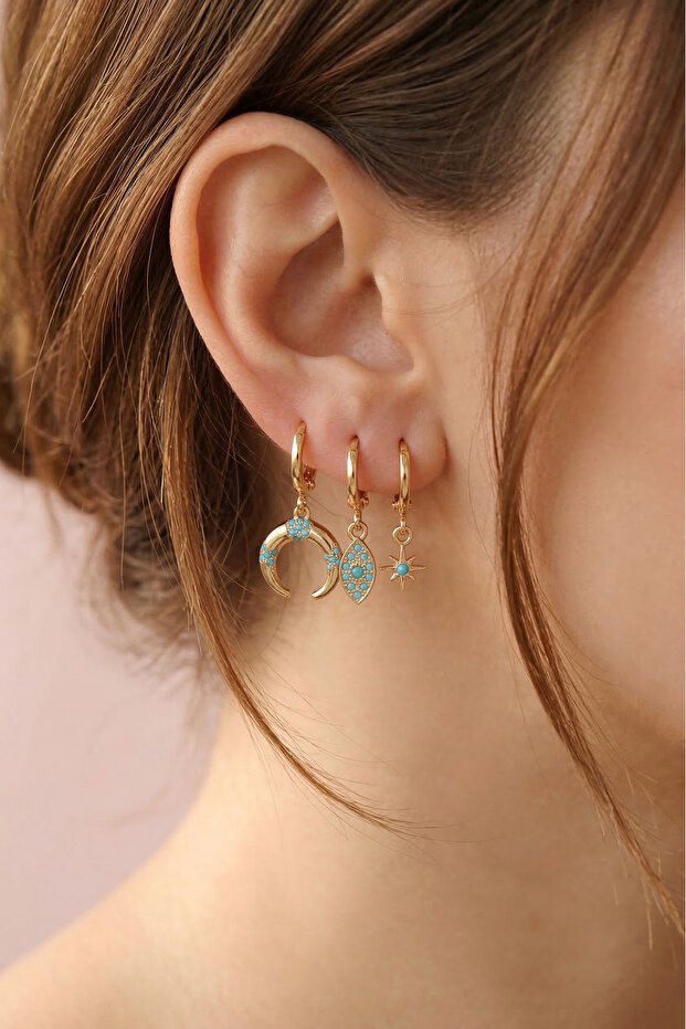Turquoise Stone Triple Hoop Earring Set – Crescent, Evil Eye, and North Star Minimal Earring Combination