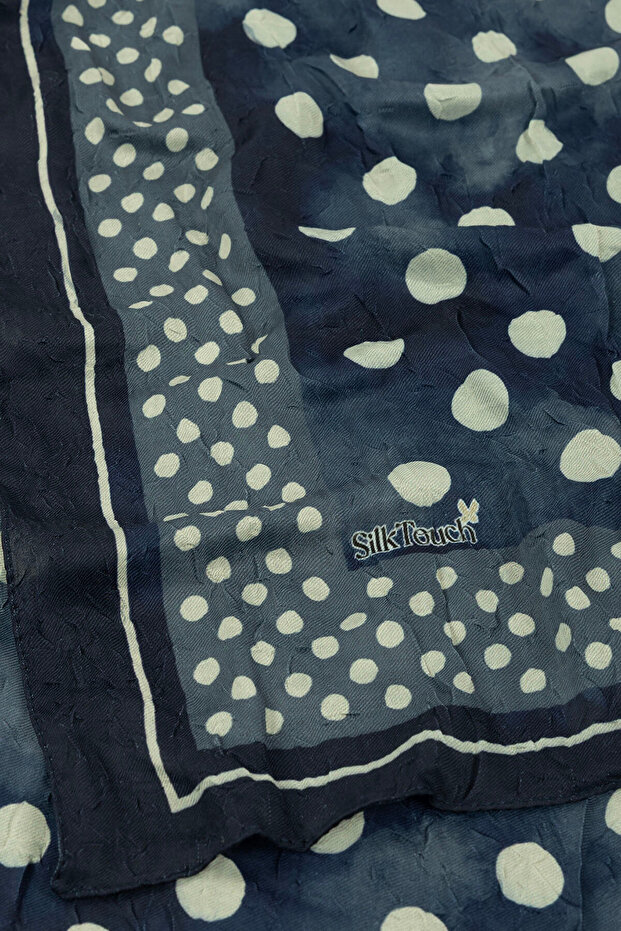 Navy Blue Bordered Polka Dot Patterned Kraş Shawl - 7