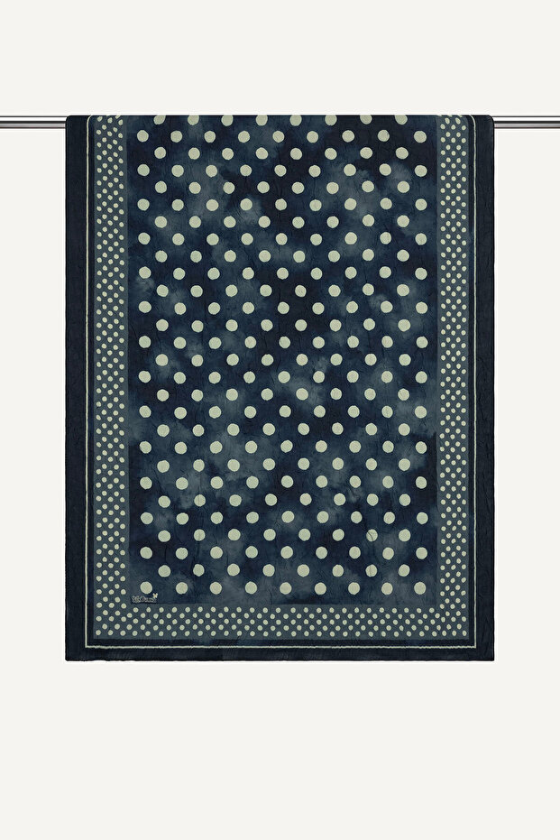 Navy Blue Bordered Polka Dot Patterned Kraş Shawl - 6