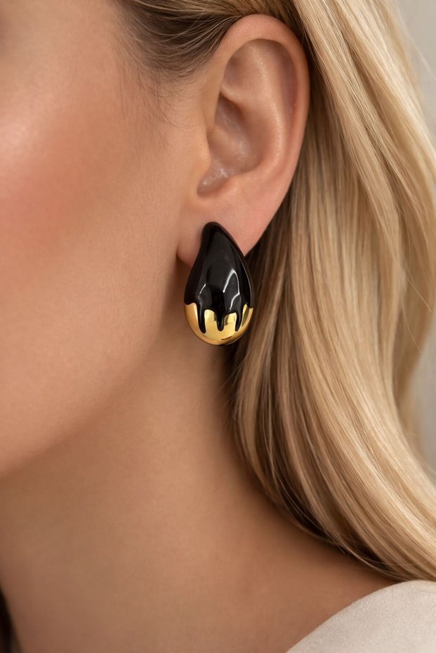Black Drop Earrings with Gold Detail, Elegant Design, Nail Model Women's Earrings, Modern and Stylish Combination Earrings