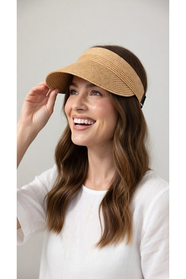 Women's Camel Straw Sun Visor Hat | Elastic Beach Hat