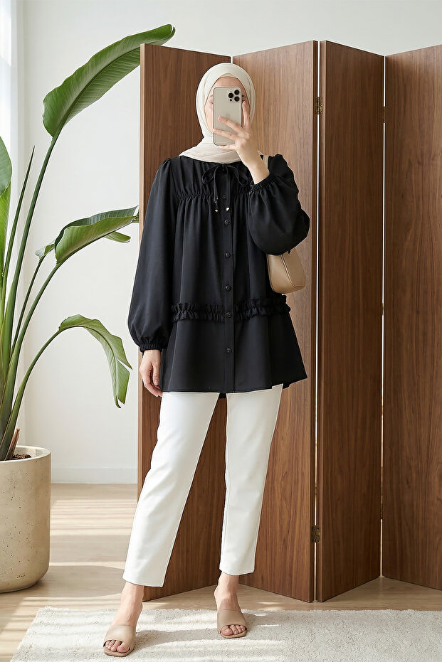 Ruffle Detail Buttoned Poplin Tunic - Black