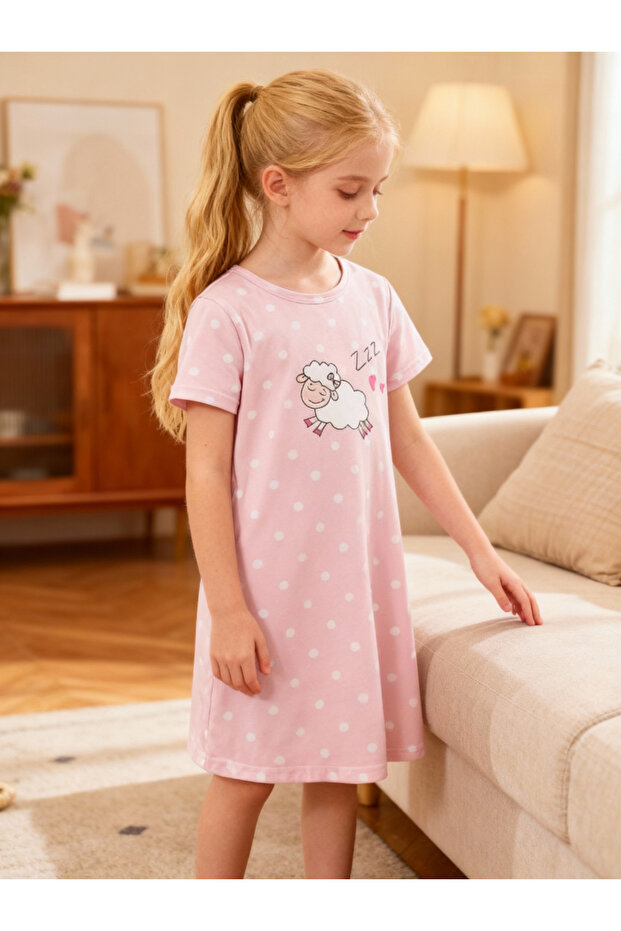 Girls Pink Sheep Print Short Sleeve Nightdress