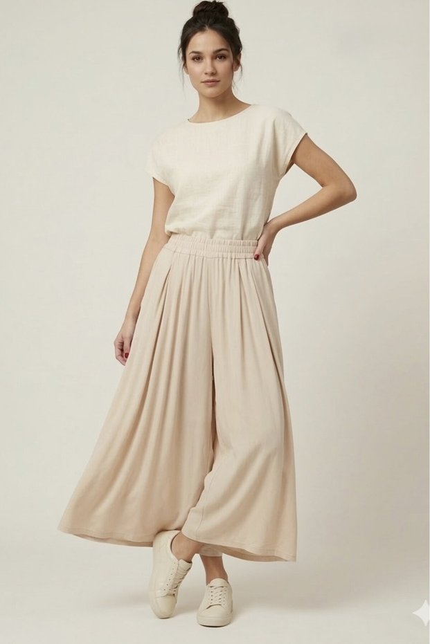 Pleated Waist and Elasticized Loose Pa Wide-Leg Length Pants Cr2024