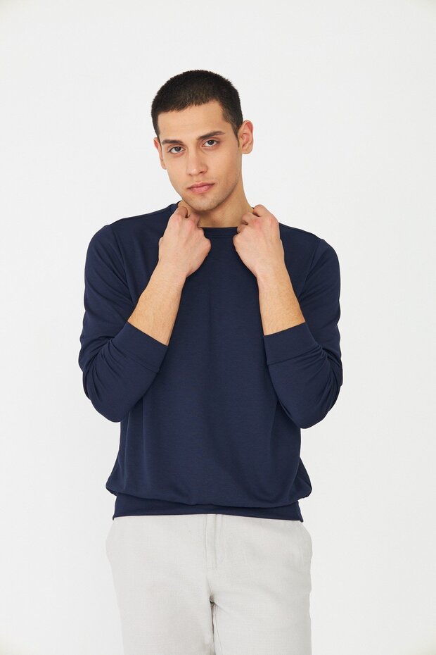Navy Blue Basic Crew Neck Men's Sweatshirt - 7