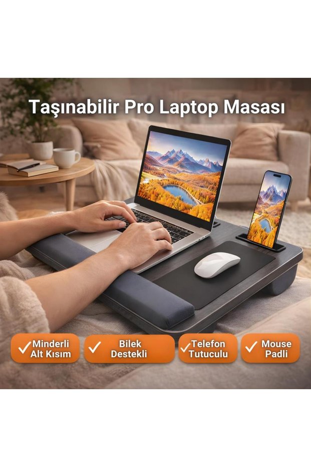 Portable Laptop Stand with Cushion and Phone and Tablet Compartments, Notebook Computer Work Table