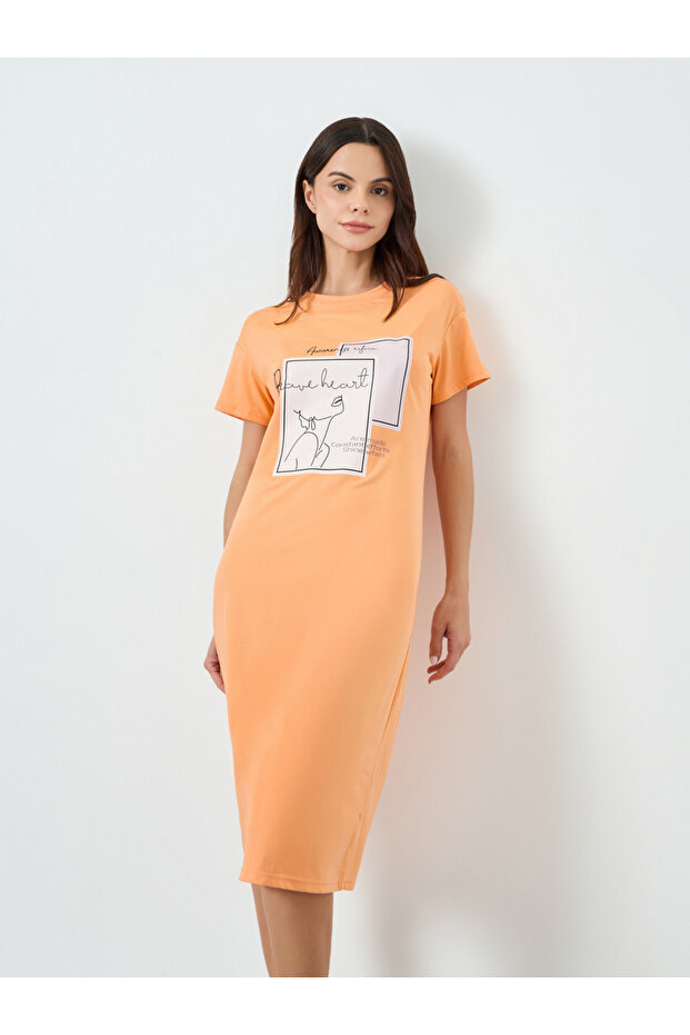 Orange Graphic Print Short Sleeve T-Shirt Dress