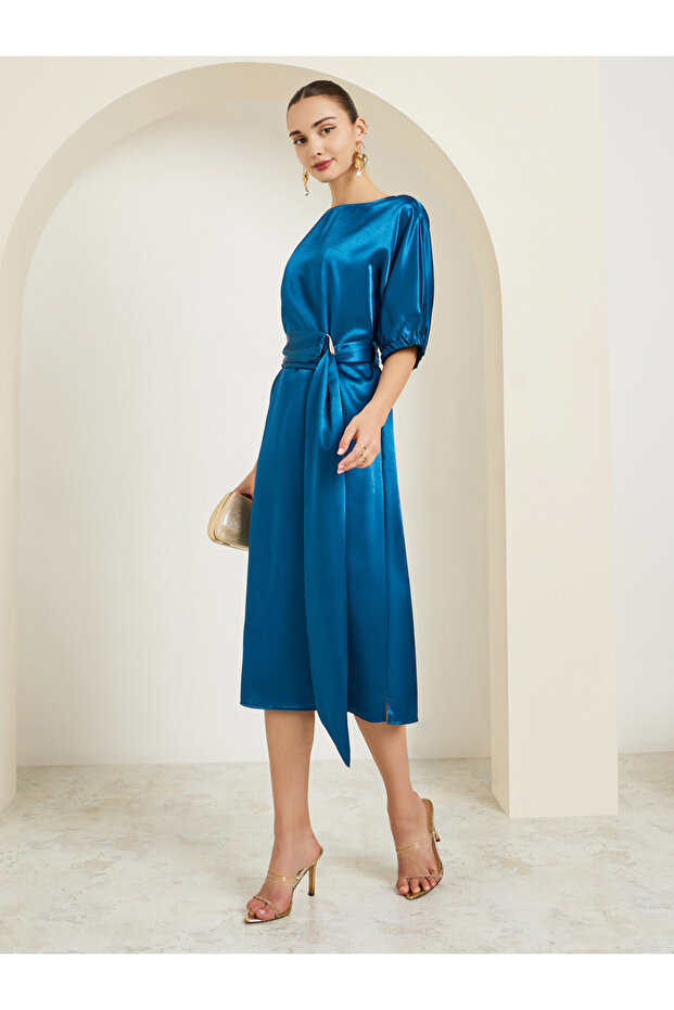 Blue Satin Sheath Midi Dress with Belt