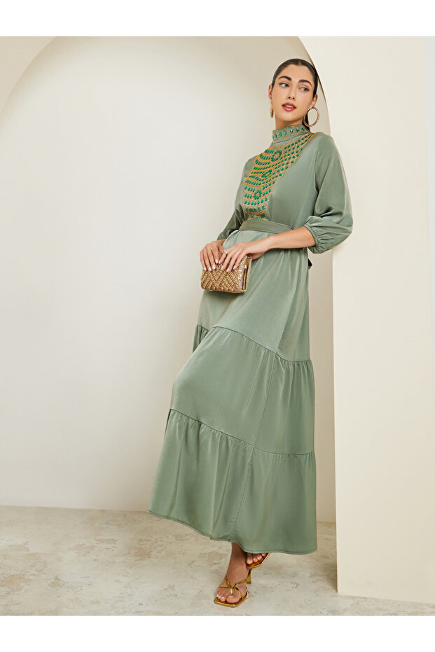 Green Embellished Belted A-Line Maxi Dress