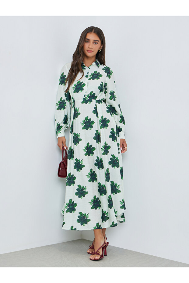 Green Floral Cuffed Sleeves Shirt Maxi Dress