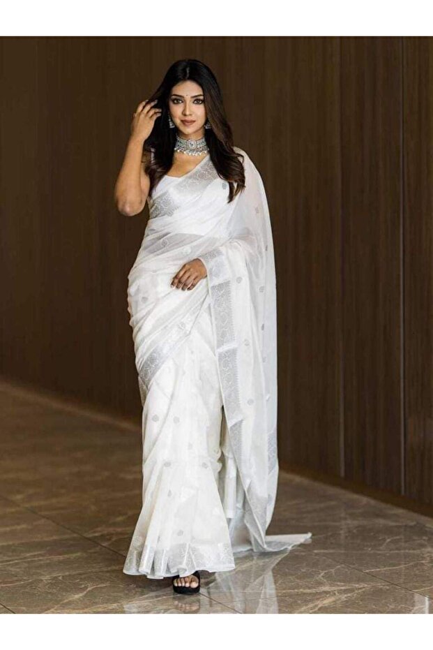 White Organza Saree for Women with Unstitched blouse