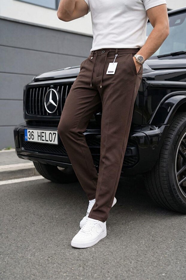 Holl Elastic Waist and Lace-Up Stretch Fabric Stretchy Knitted Jogger Pants Trousers