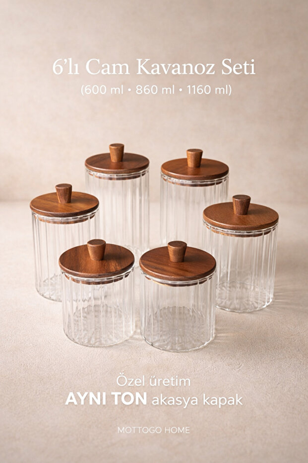 Set of 6 Glass Jars – Kitchen Organizer Storage Jars with Acacia Lids (600 ml 860 ml 1160 ml)