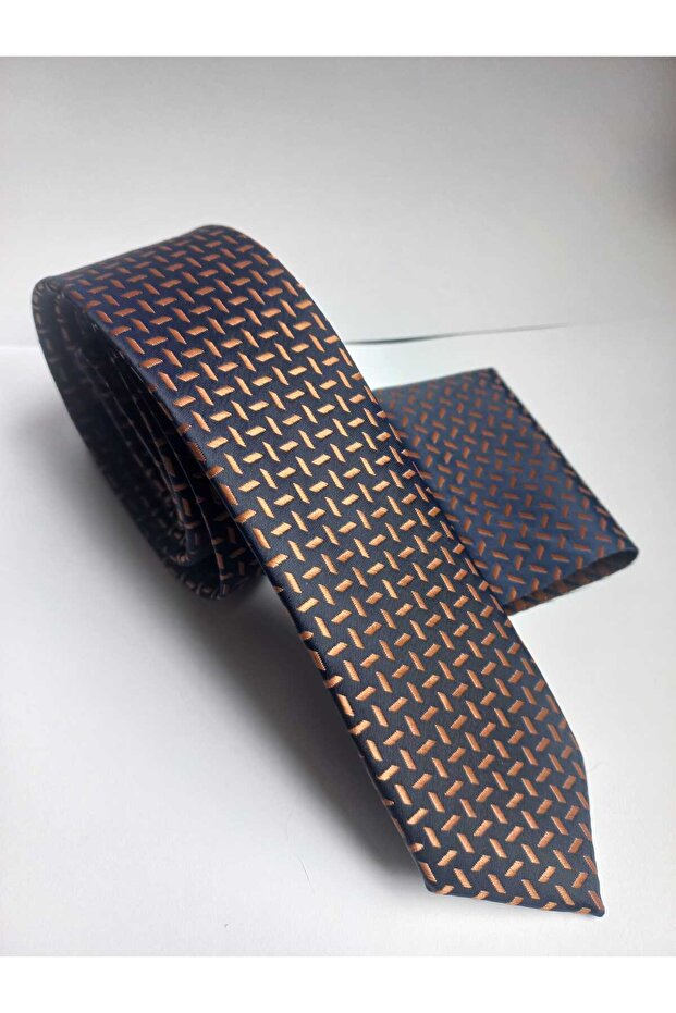 Navy Blue Patterned Thin Tie Handkerchief Set 5.5cm