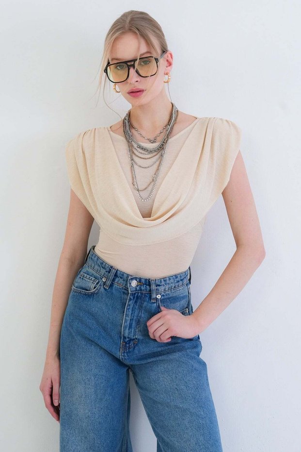 Beige Crew Neck Padded Transparent Knitted Blouse with Shawl Detail on the Front Alc-X15334