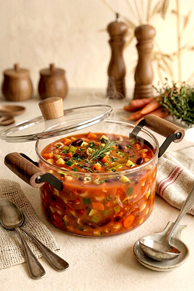 Transparent Borosilicate Glass Pot with Wooden Handle and Lid - Cooking Pot 3.5 Liters