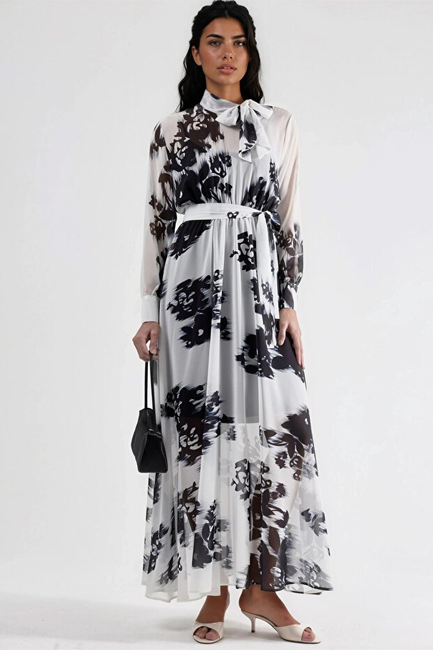 Msn Floral Print , Long Dress with Buttons and Tie Detail