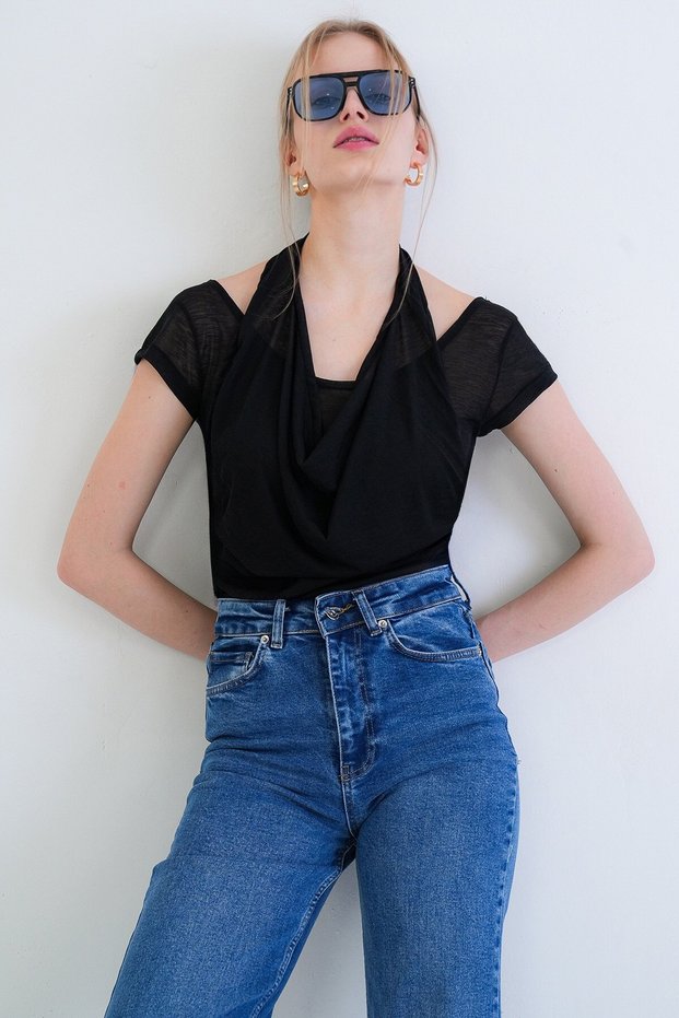 Black Pool Collar Detailed Transparent Knitted Blouse Alc-X15395