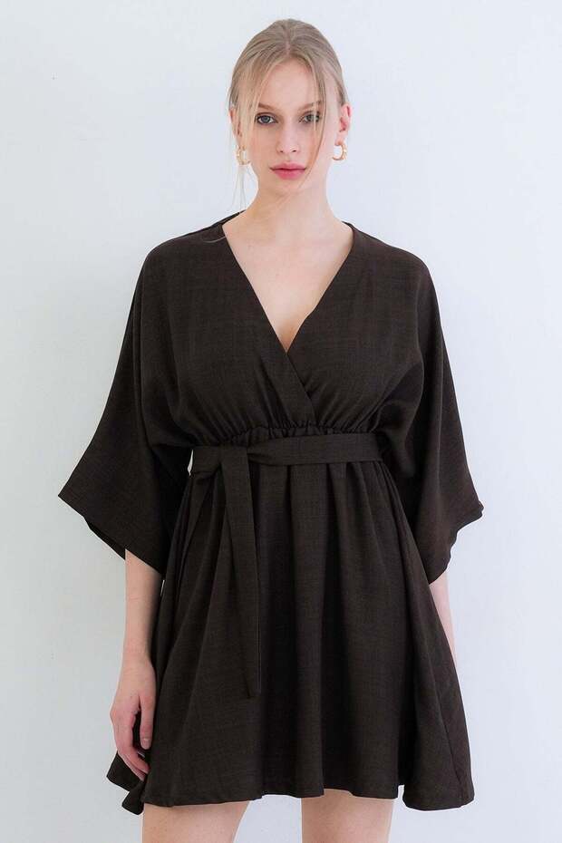 Bitter Brown Double Breasted Collar Gathered Waist Linen Dress Alc-X13746