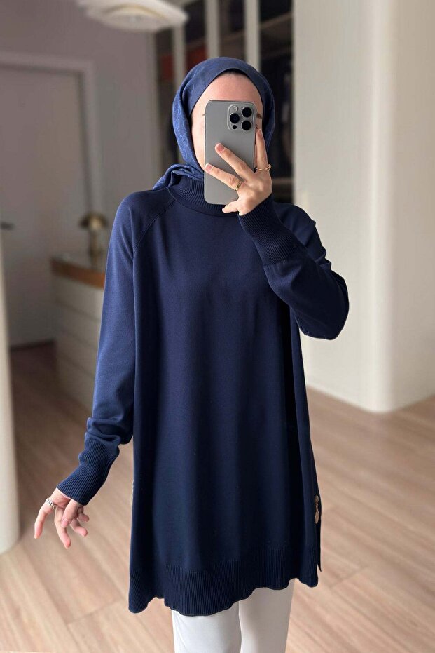 Yan Fermuar Basic Merserize Tunik - Lacivert - 1