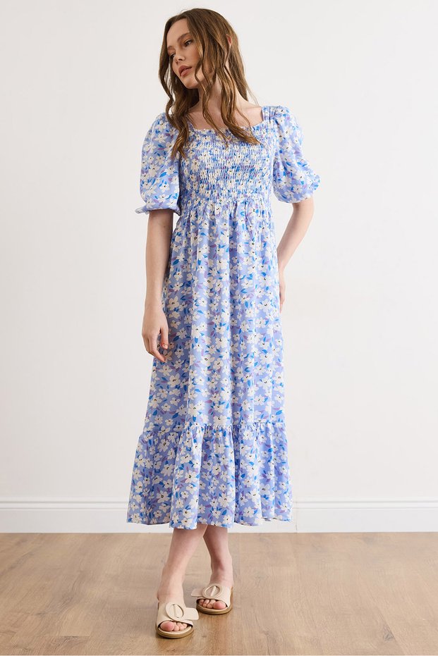 Women's Blue White Floral Gipe Detailed Midi Woven Viscose Dress Elb-19002607