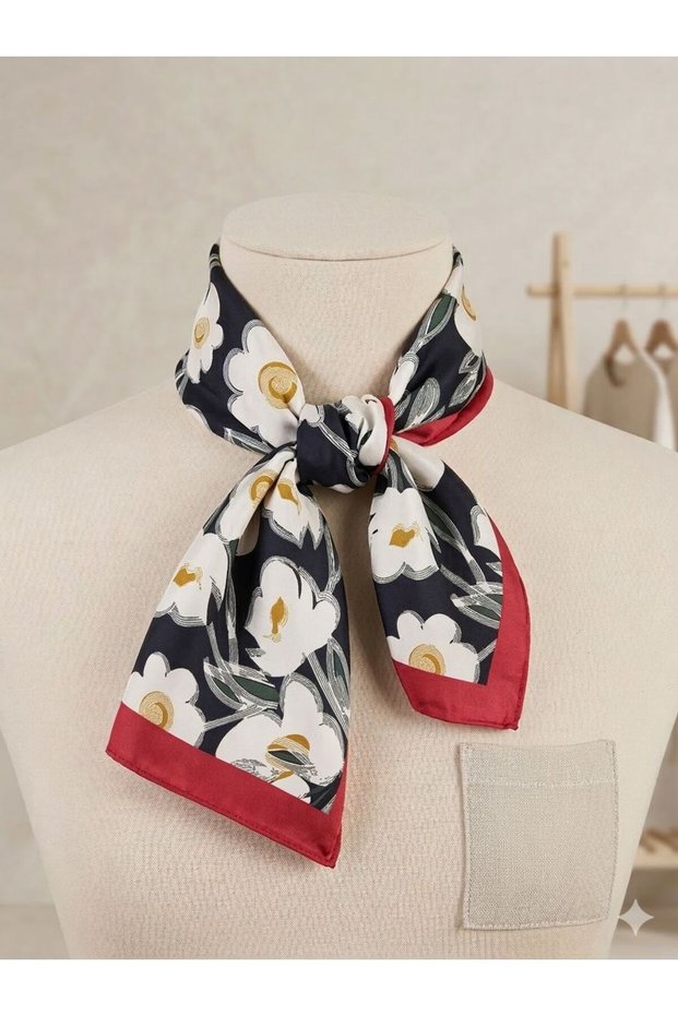 Women's Black Floral Print Satin Scarf 70X70