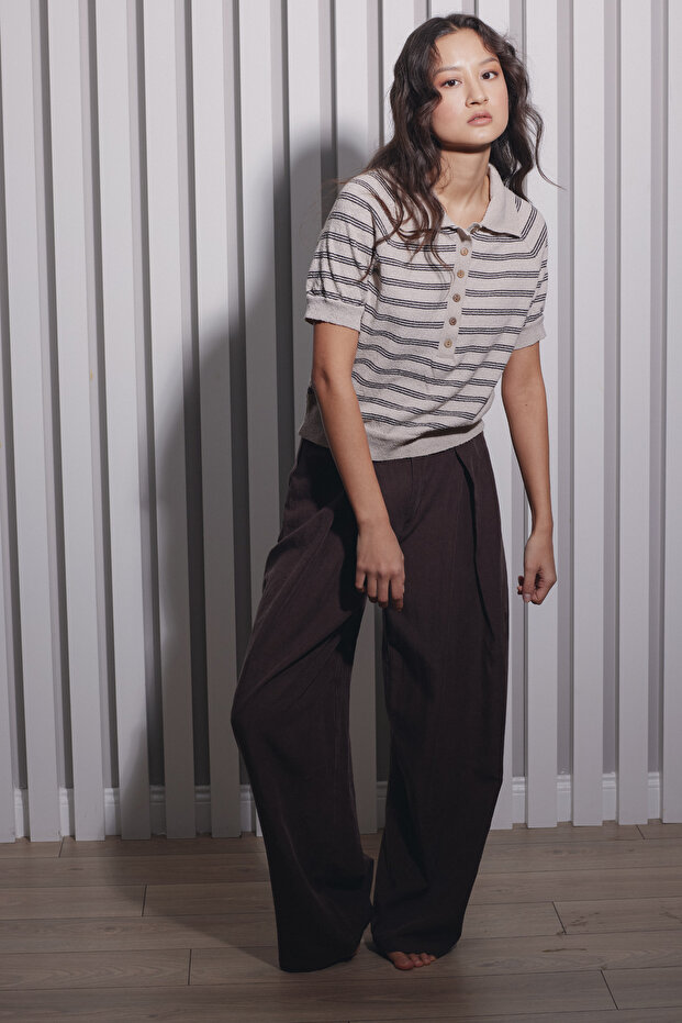 Striped Polo Collar Knitted Blouse