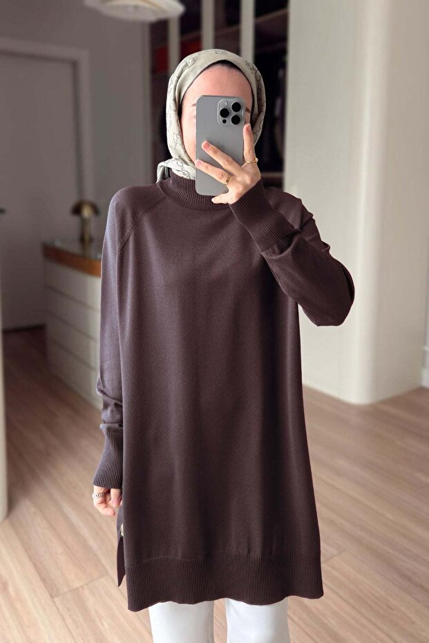 Side Zipper Basic Mercerized Tunic - Brown