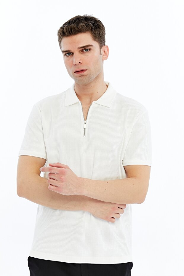 Zippered Polo Collar Men's T-Shirt 2738 Ecru