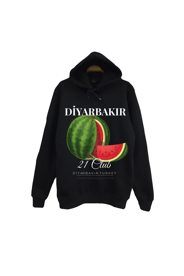 Diyarbakır - 21 - Surlar - Watermelon - City Printed Unisex 100% Cotton Black Hooded Sweatshirt