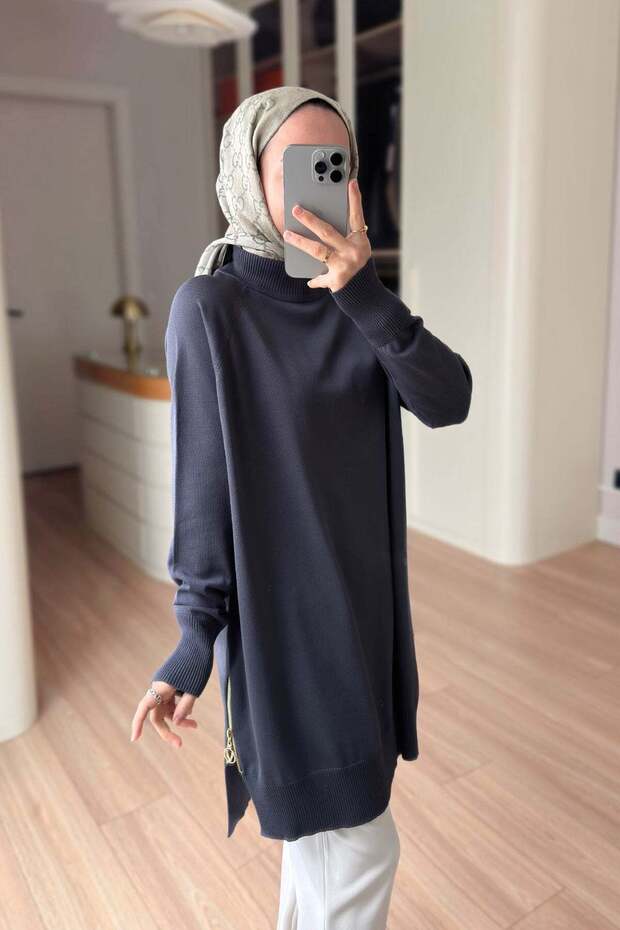 Yan Fermuar Basic Merserize Tunik - Füme - 1