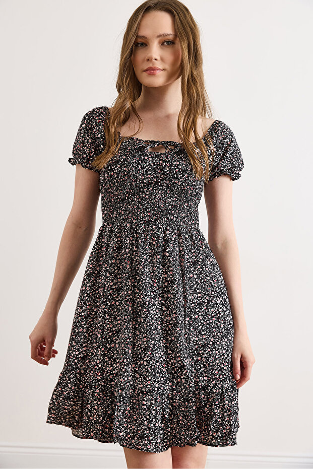 Women's Black Gipe Detailed Mini Woven Viscose Dress Elb-19002606