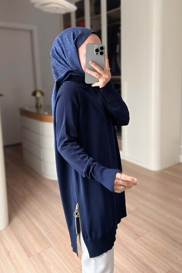Yan Fermuar Basic Merserize Tunik - Lacivert - 2